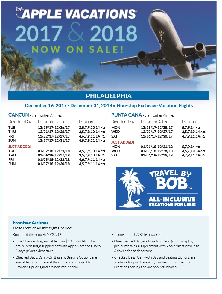 Apple Vacations 2018 Non-Stop Charter Schedule - Travel By Bob